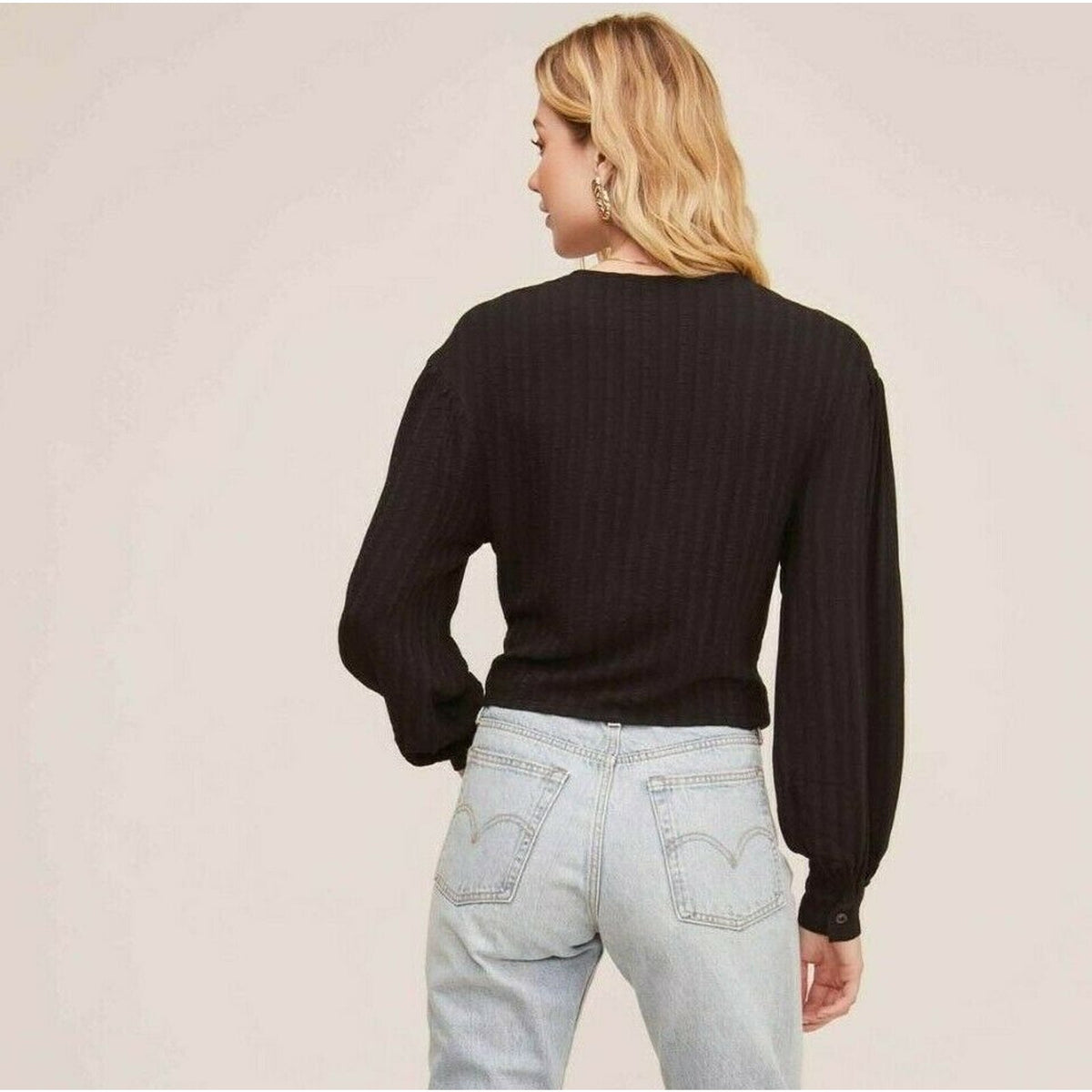ASTR The Label Black Ribbon Self-tie Top Boho Striped Button Up Long Sleeve