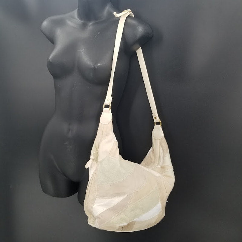 Vintage Cream Brown patchwork leather hobo bag purse handbag