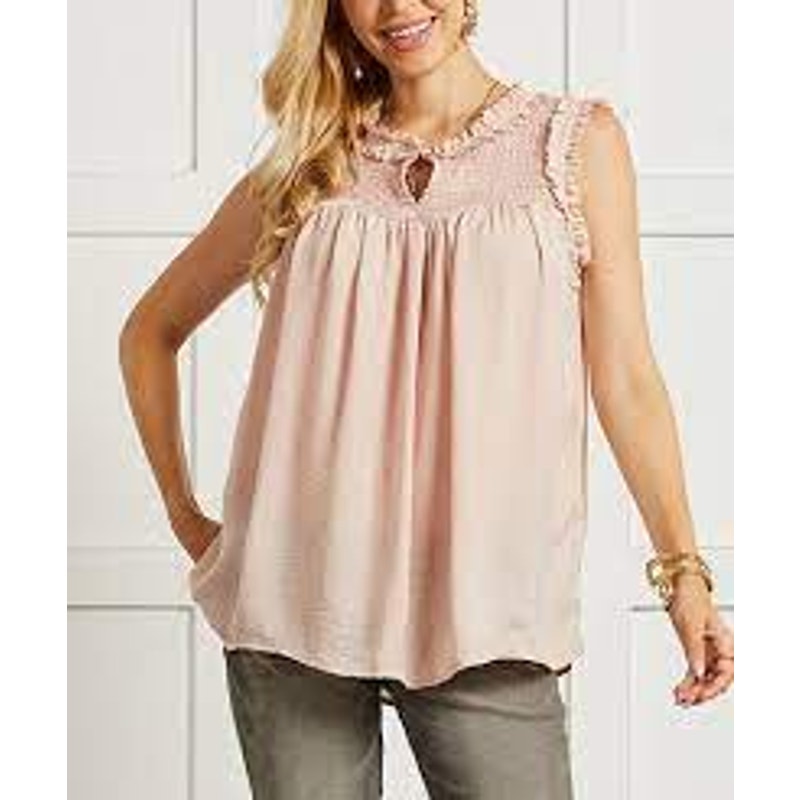 Suzanne Betro Smocked Lace-Yoke Ruffle-Trim Sleeveless Tunic Dusty Pink X-Large