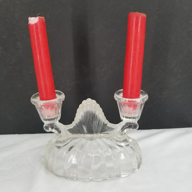 Vintage Pair Glass Double stick Candlestick Holders clear Pressed