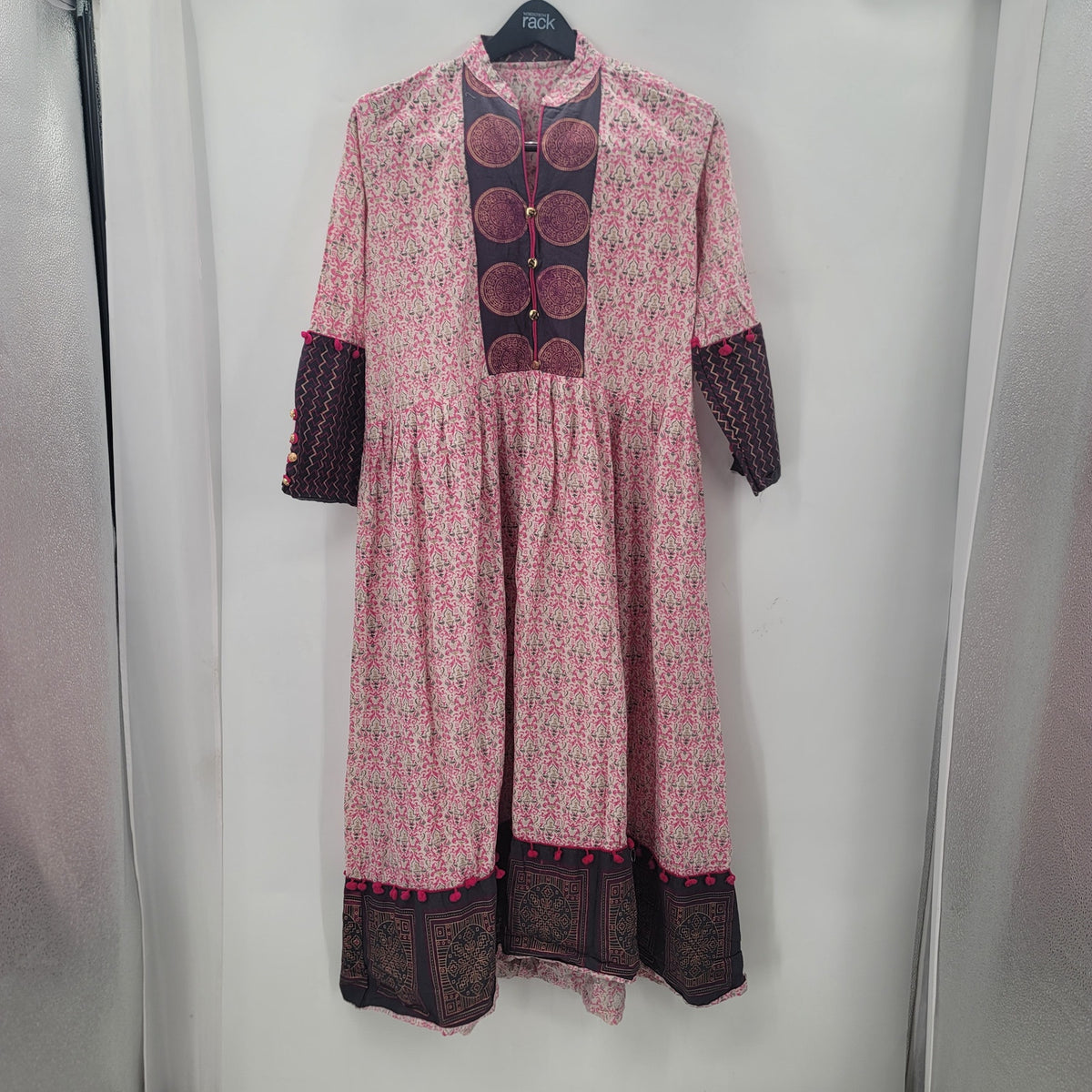 Boho cotton modest prairie XL dress Pompom Ethnic Long Sleeve Floral