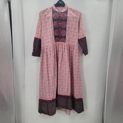 Boho cotton modest prairie XL dress Pompom Ethnic Long Sleeve Floral