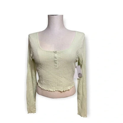 BP Green Limecream Medium NEW Crop Top Snap-front Henley Lettuce-Edge blouse