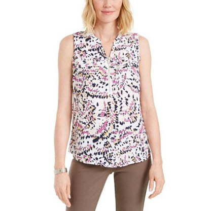 JM Collection Summer Sleeveless Floral Printed Zip-Front Top Dahlia Pink Small