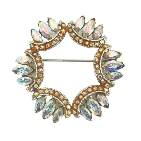 Crystal Wreath Brooch in Antique Design Rhinestone Faceted Diamante 1980s