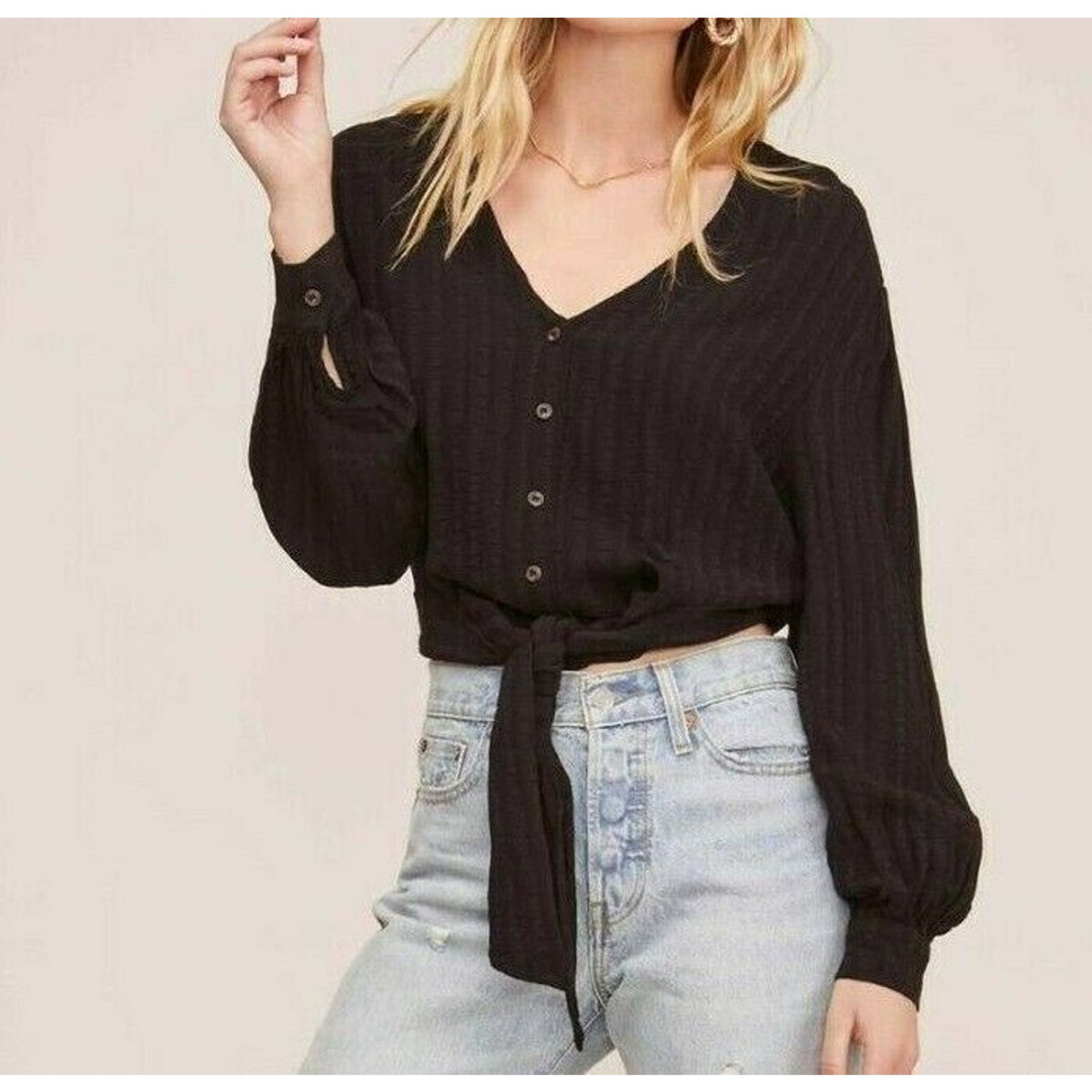 ASTR The Label Black Ribbon Self-tie Top Boho Striped Button Up Long Sleeve
