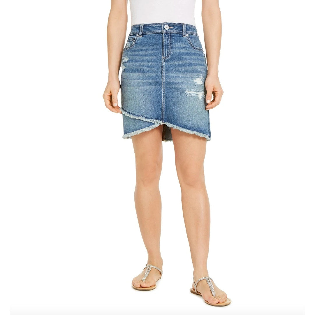 INC International Concepts NWT Fray-Trim Crossover-Hem Denim Skirt Blue Size 10