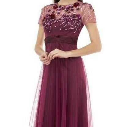 JS Collections Mesh Embellished Bodice Short Sleeve Dress Sz 16 Burgundy NWT