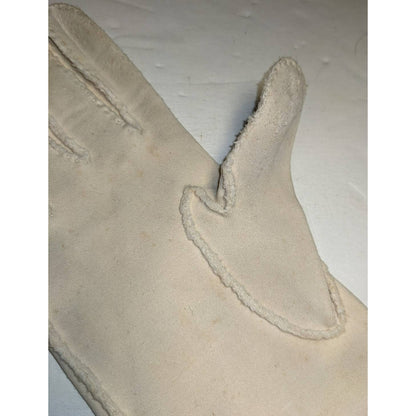 Vintage Ivory Cream Handsewn Shorties Embroidered Leaves Faux Doeskin Gloves