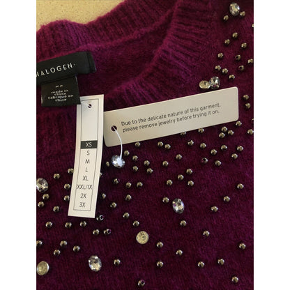 Halogen XS Purple Studded Pullover Sweater Crew Neck Long Puffy Bell Sleeve