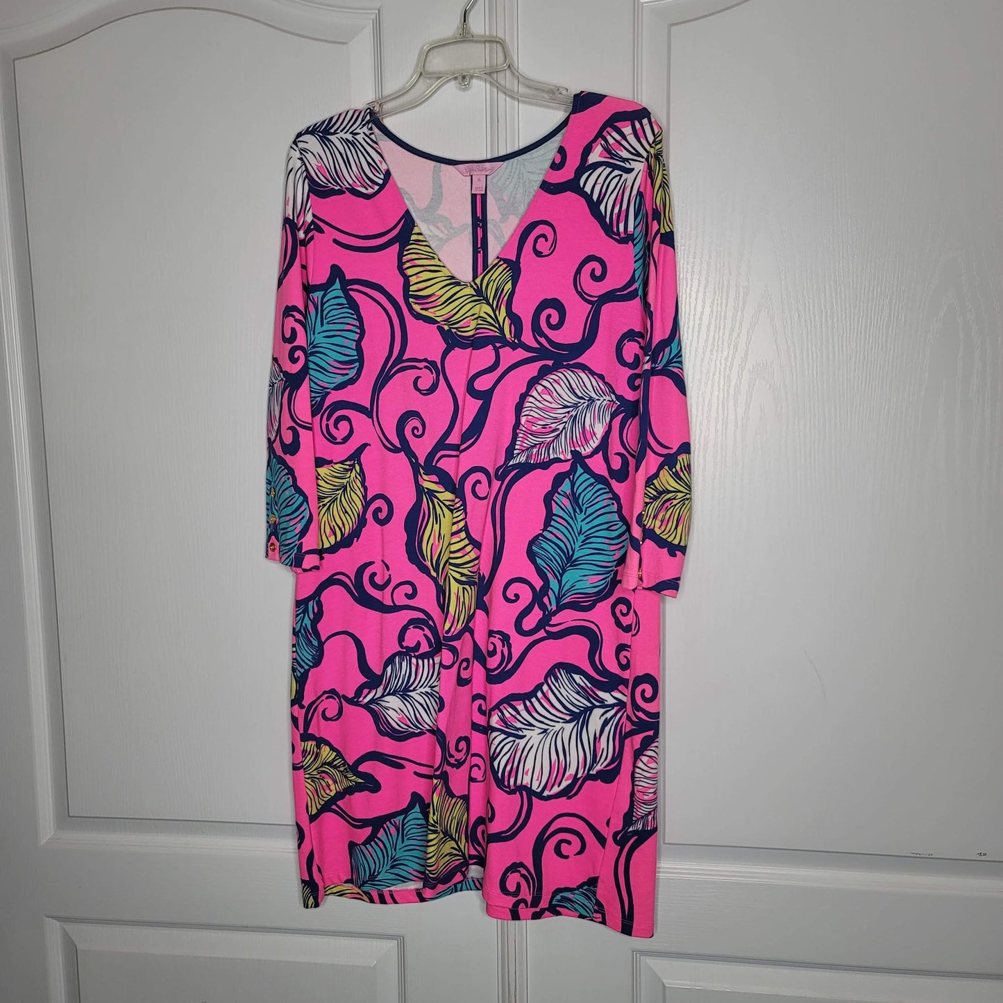 Lilly Pulitzer Leaves Dress The Breeze Clarke 3/4 Sleeve Pink X-Large Terry
