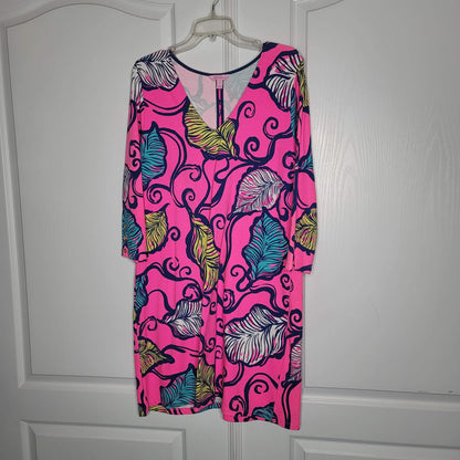 Lilly Pulitzer Leaves Dress The Breeze Clarke 3/4 Sleeve Pink X-Large Terry