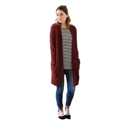 Melloday Women's Open Cardigan Sweater Large Wine NWT Slash Pockets Tunic Length