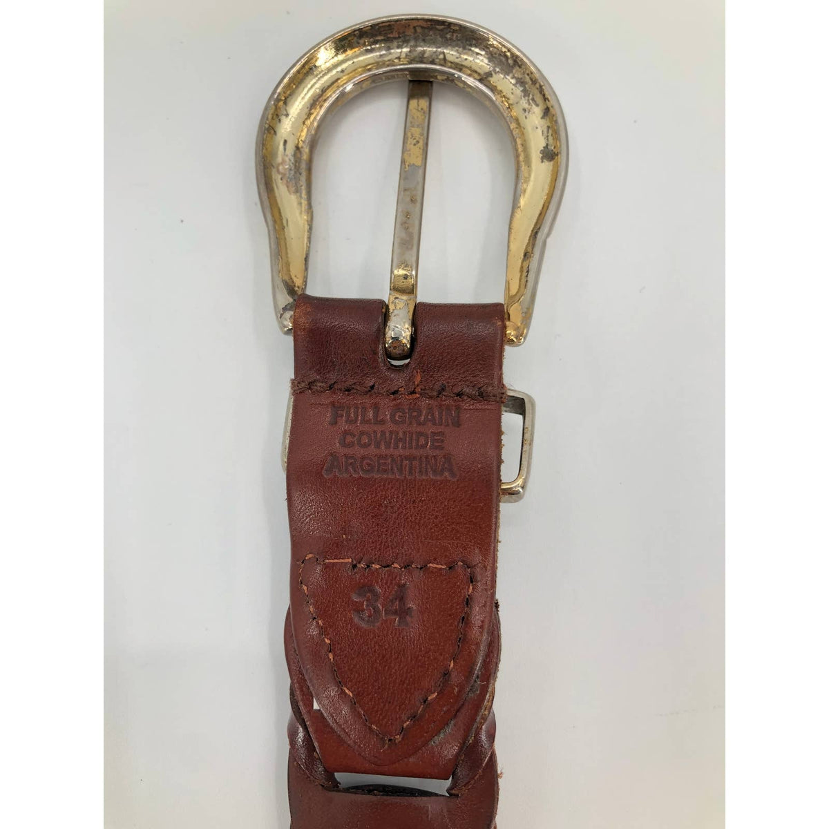 Vintage Sz 34 Argentina Braided Full Grain Cowhide Leather Belt Goldtone Buckle