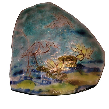 Handmade Art Glass Beach Heron Lily Pads Flamingo Fused Bubbles One of a kind