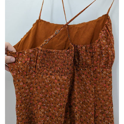 Leith XS Sun Dress Orange Floral Cross Spaghetti Strap Casual Summer Spring Ruch