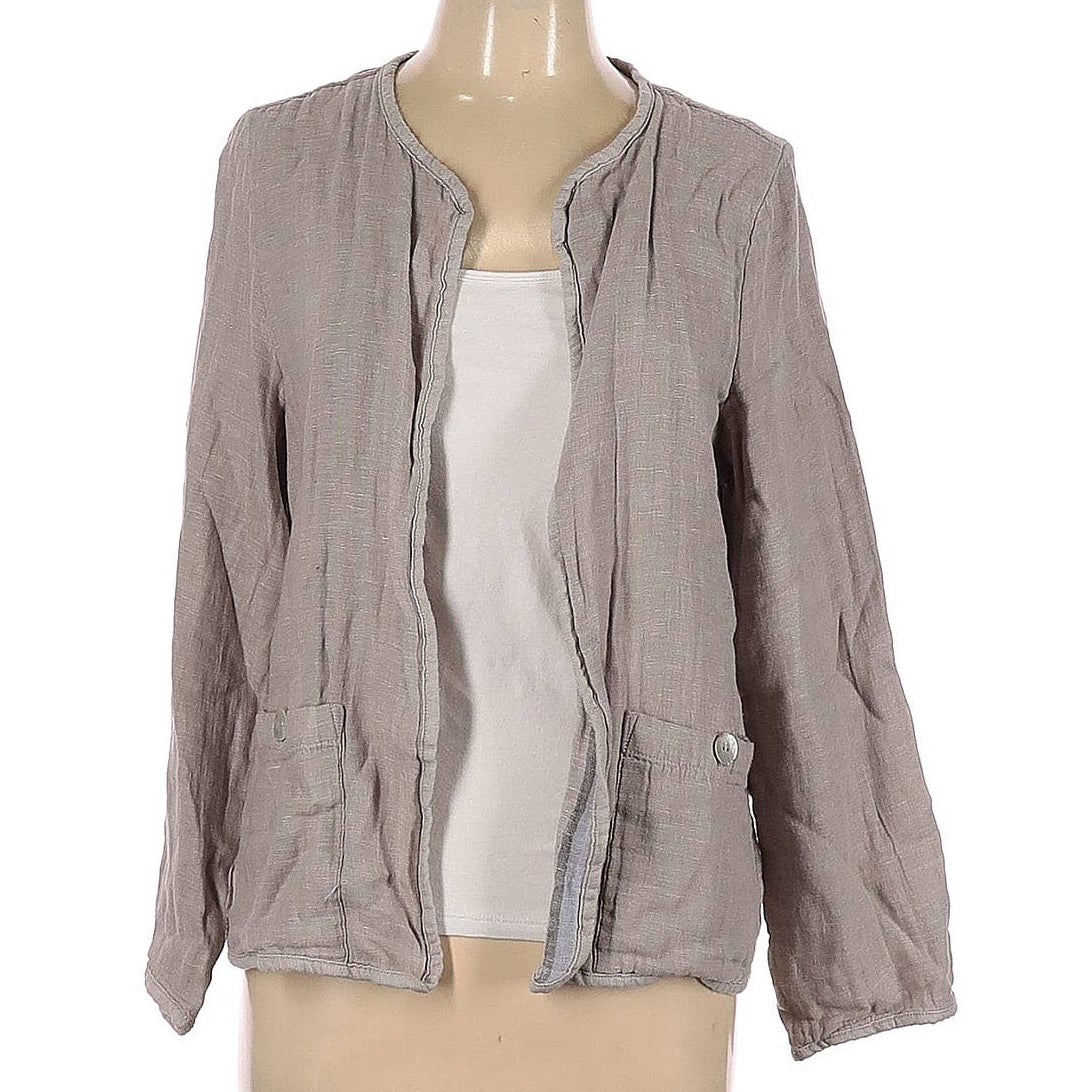 Tahari Linen Cotton Open Front Jacket LARGE Long Sleeve Lagenlook Pockets Gray