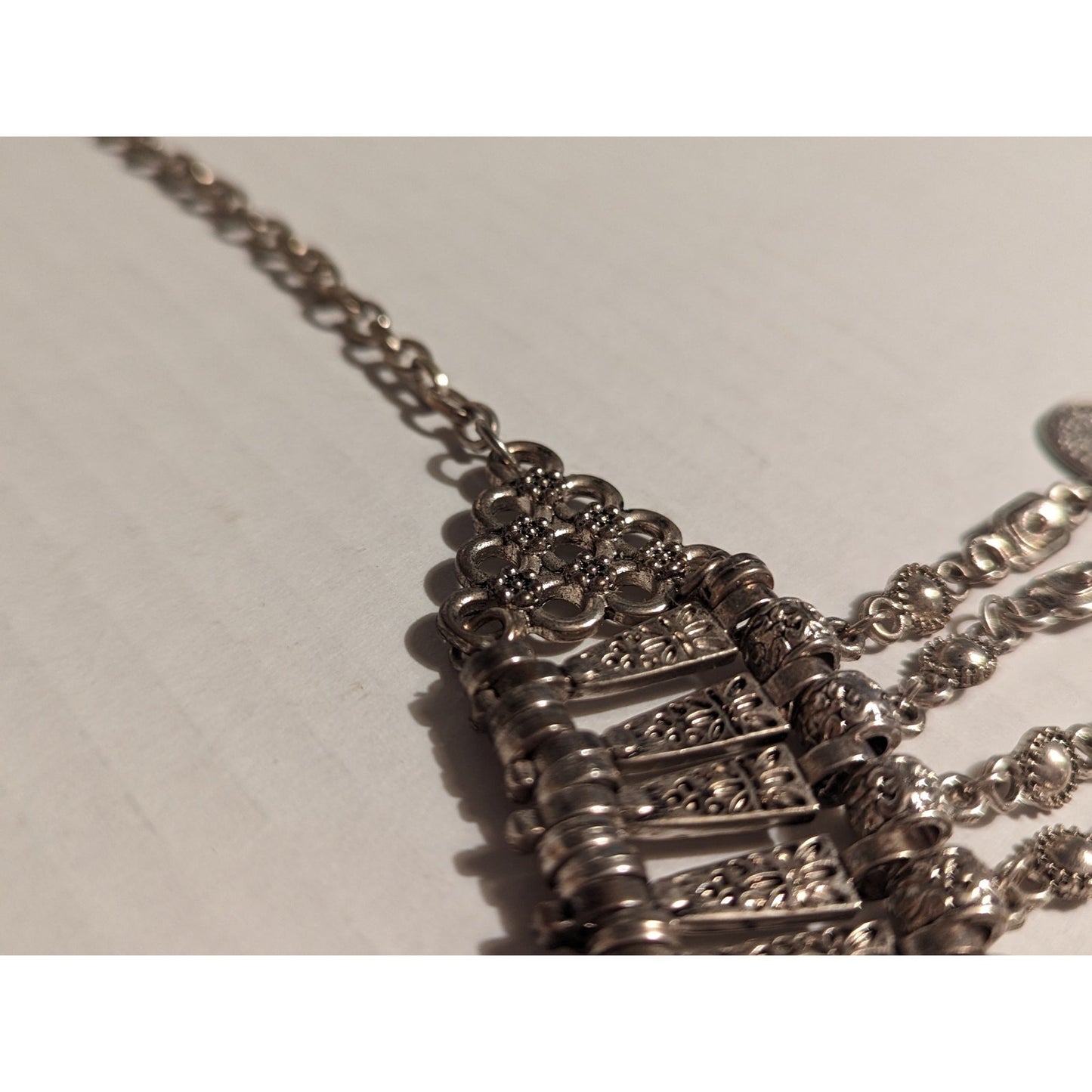 Vintage Ethnic Boho Jewelry SilverTone Metal Patina Coin Chandelier Necklace