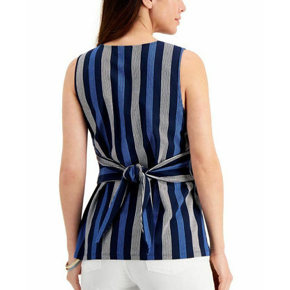 Charter Club Mixed Striped Sleeveless Top Button Front V-Neck Tie-Waist Large