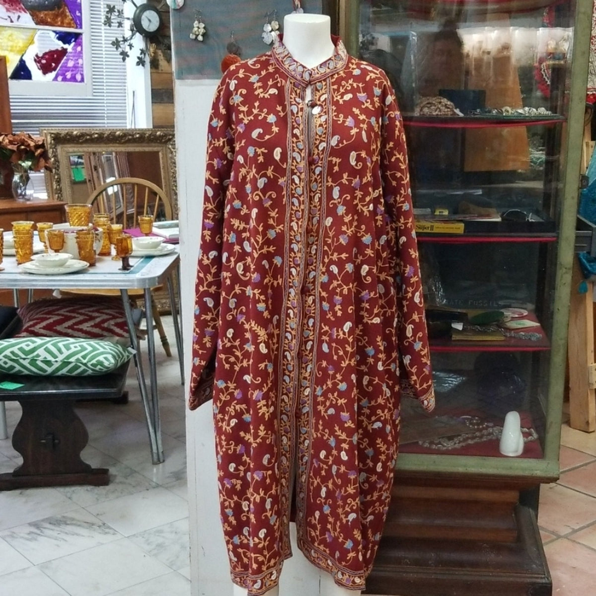 Handcrafted Bohemian Floral Wool Lined Duster Jacket - Large (NEW)