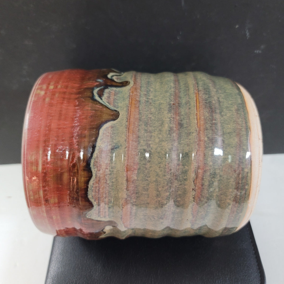 ART pottery incised vase pot Signed "White" Earth Tone drip glaze 6" tall
