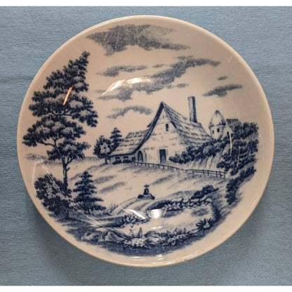Vintage Japanese Sometsuke Shallow Bowl Farm House Field Design Blue on White