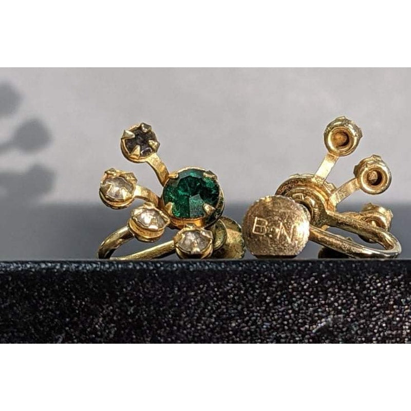 Vintage Signed BN Gold Green Gemstone Clear Rhinestones Clip On Bugbee Niles