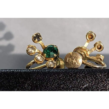 Vintage Signed BN Gold Green Gemstone Clear Rhinestones Clip On Bugbee Niles