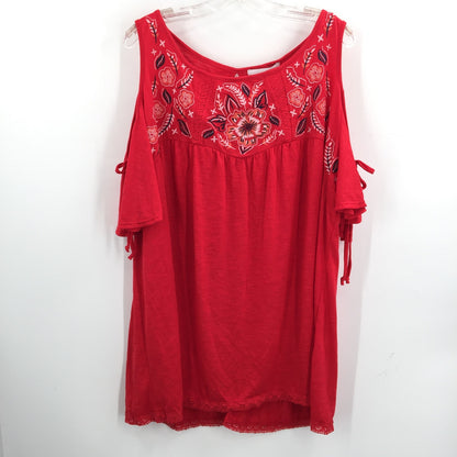 Fourteenth Place Womens Cold Shoulder Embroidery Blouse Red Plus Size 2X NWT