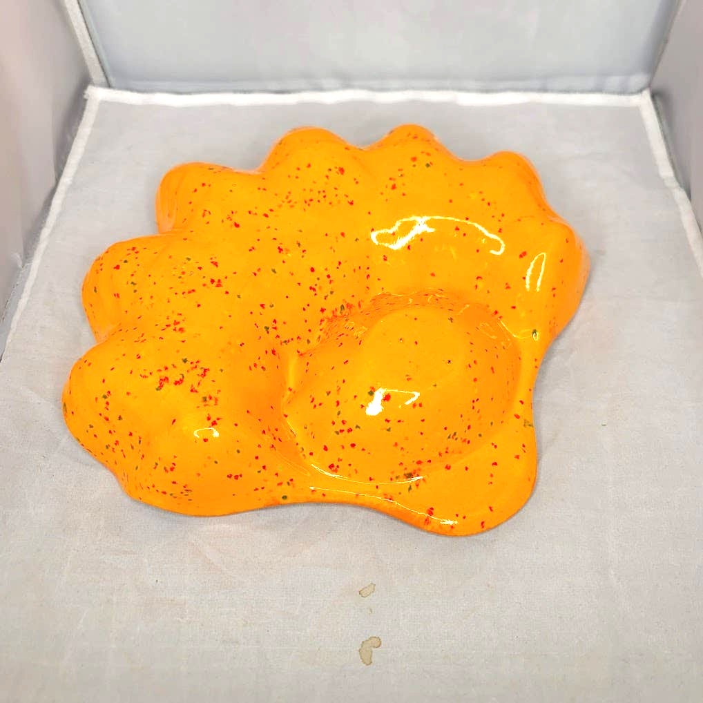 Vintage Orange Splatterware Chip Dip Clamshell Shaped Bowl Ceramic 1970s