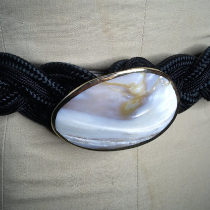 Vintage Black Rope Braided Belt Rope Knot Pearlescent shell Stone Small/Medium