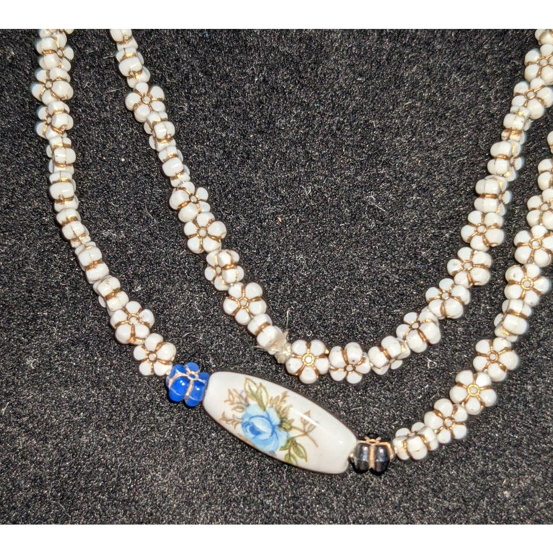 Vintage White Tensha Beaded Floral Necklace Flower Chain Blue Rose 34"