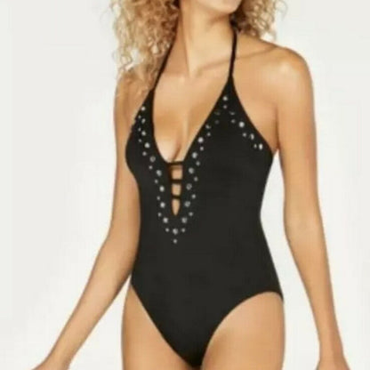Bar III Nailhead Embellished Plunging Strappy Swim Size Large