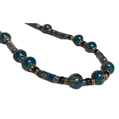 Vintage Green Teal glass Ceramic Painted Bead Necklace Floral Gold Tone 12" hang