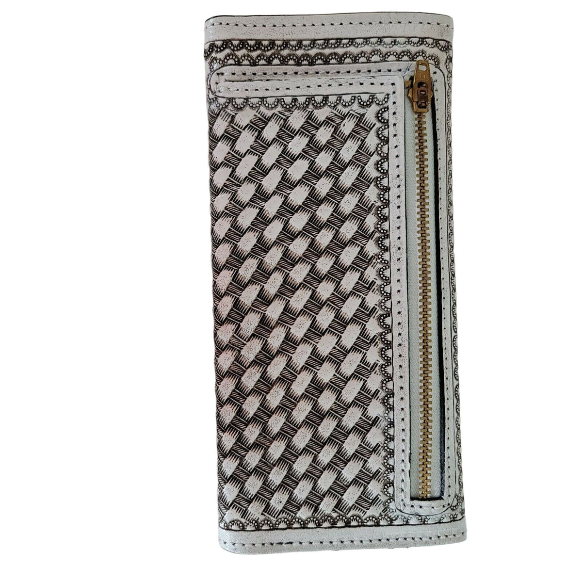 Hand tooled leather wallet trifold White 7 1/2"x 4" BOHO Chic Mexican Artisan