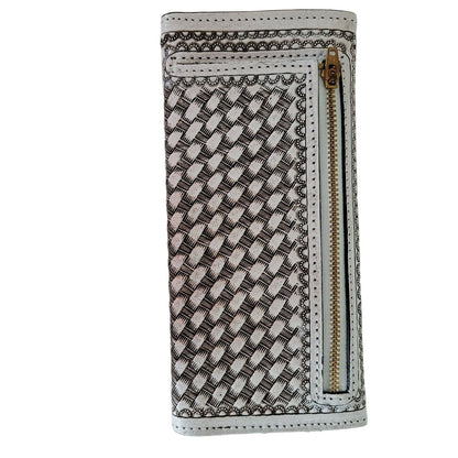 Hand tooled leather wallet trifold White 7 1/2"x 4" BOHO Chic Mexican Artisan