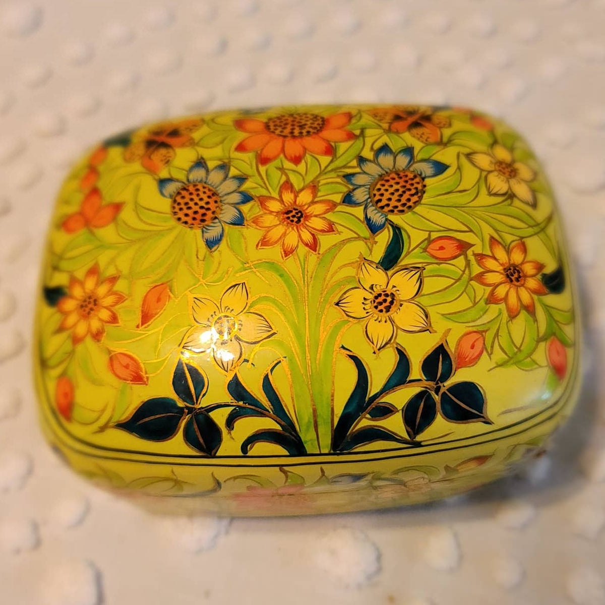 Vintage Kashmiri Yellow Floral Lacquer Trinket Lidded Box