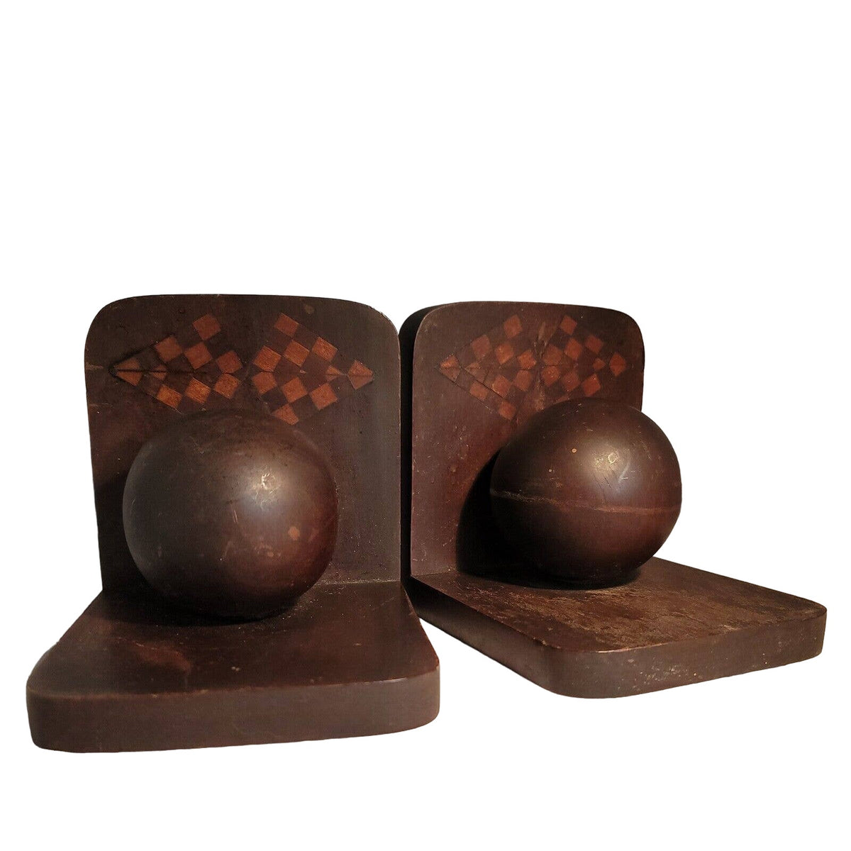 Vintage Pair Carved Wood Sphere Balls Orb BookEnds Walnut checkerboard Inlay MCM