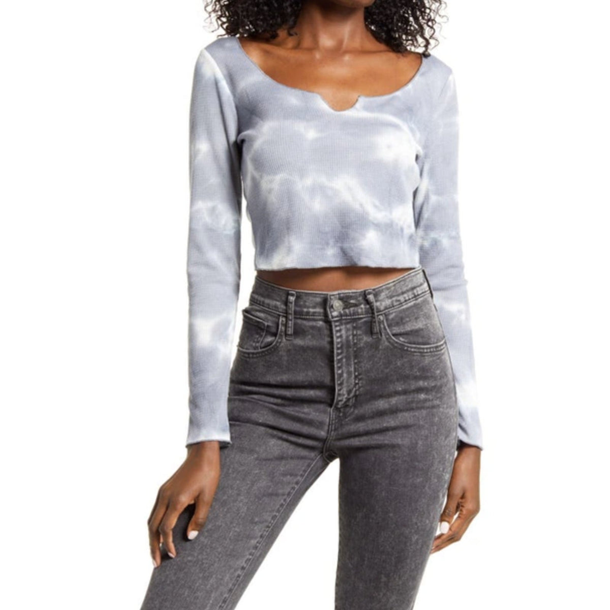 ALL IN FAVOR Tie Dye Waffle Knit Crop Top In Grey Tie Dye XL