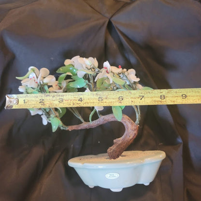 Vintage Chinese Jade-ite Dogwood Sakura Bonsai Tree Glass