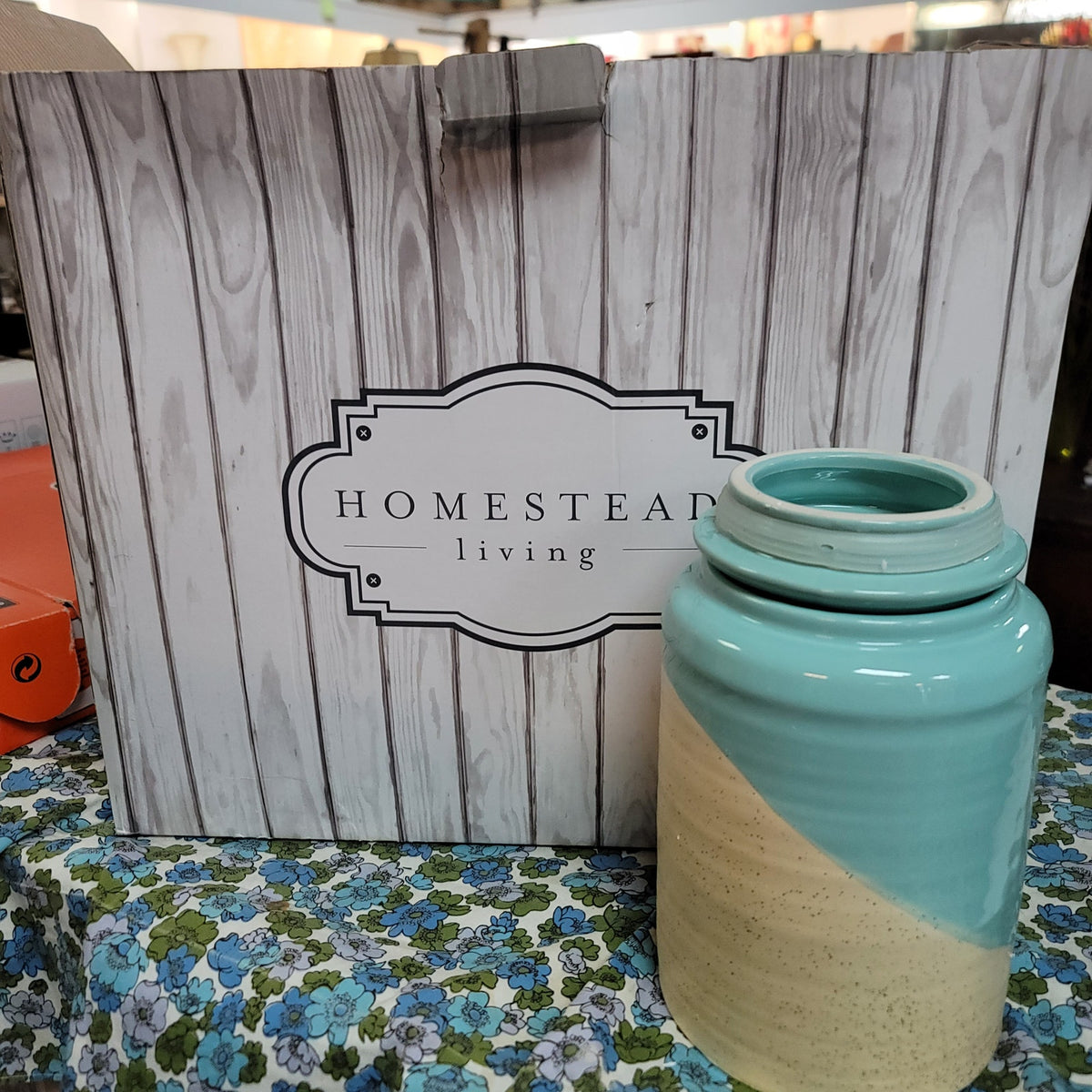 Homestead Living Set 3 Canisters Ceramic Lidded Baby Blue Cream Gold