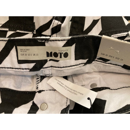 Topshop Moto Raw Hem Denim Houndstooth Belted Mini Skirt Sz 6 in Black/White NWT