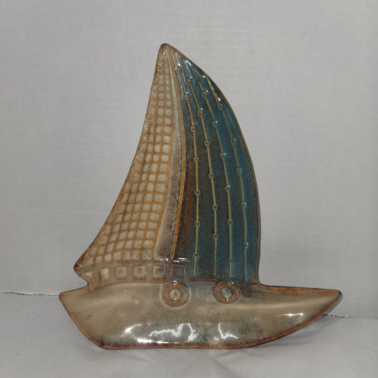 Vintage Ceramic Sailboat Shaped Decorative Tray Textured Beach Cottage Decor