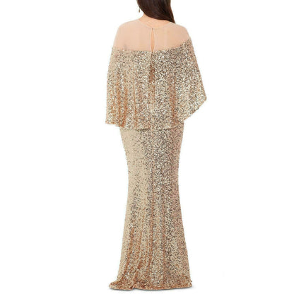 Betsy & Adam Sequin Mesh Overlay Gown Formal Dress Wedding Champagne Gold Size 4