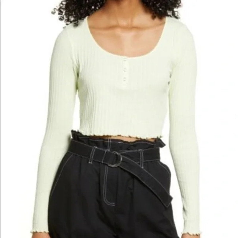 BP Green Limecream Medium NEW Crop Top Snap-front Henley Lettuce-Edge blouse