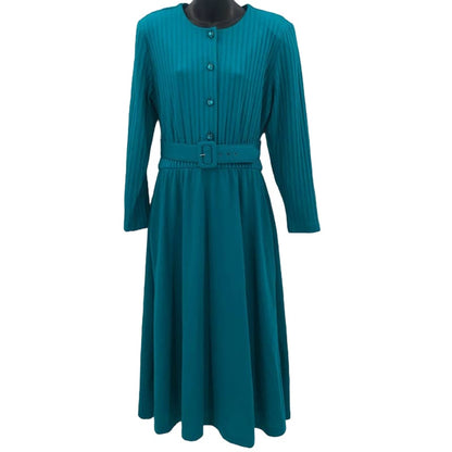 Willow Ridge VINTAGE Belted Button Up Wide Ribbed Teal Dress Size 12