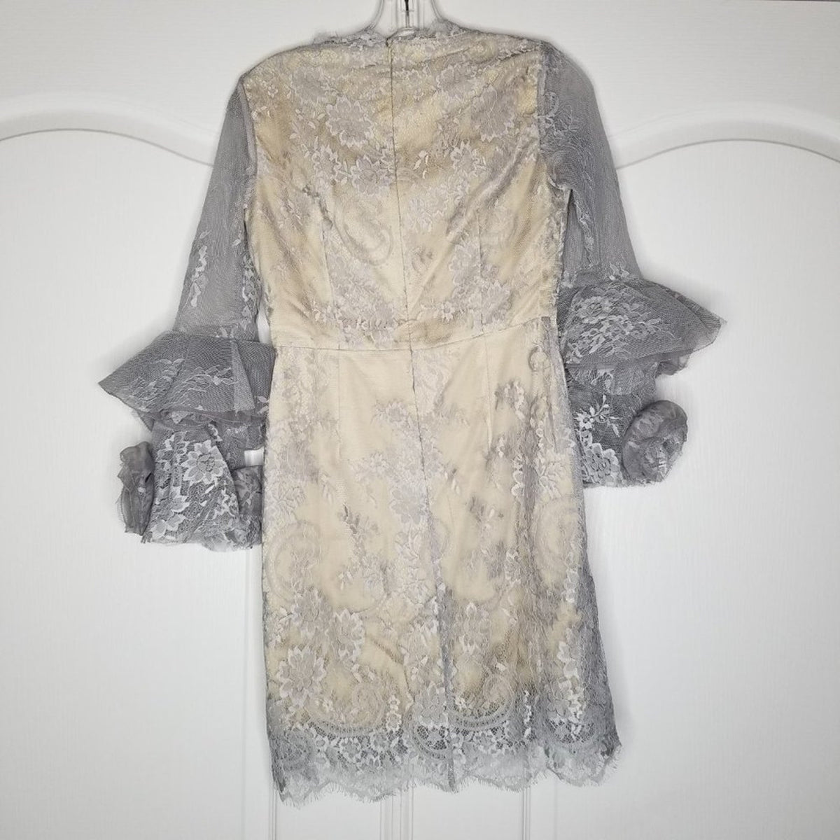 Few Moda Jansen Lace Mini Dress Ruffle Long Sleeve Back Zip Gray XS New