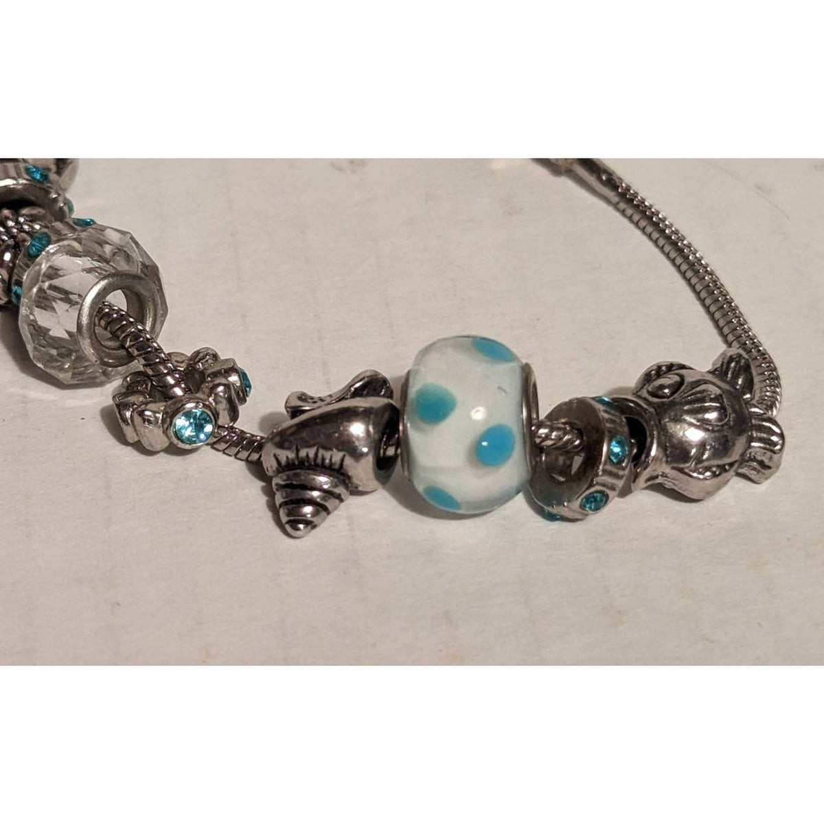 Silvertone Charm Bracelet 8.5" Base with 14 Blue & Silver Beachy Sea Life Charms
