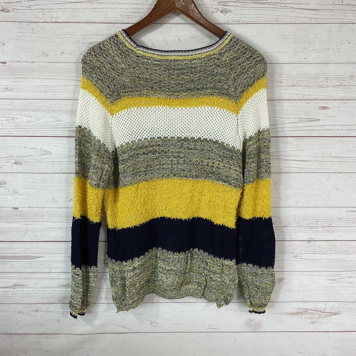 CENY High Low Open Knit Pullover Sweater Size Small Black/Yellow Stripe NWT