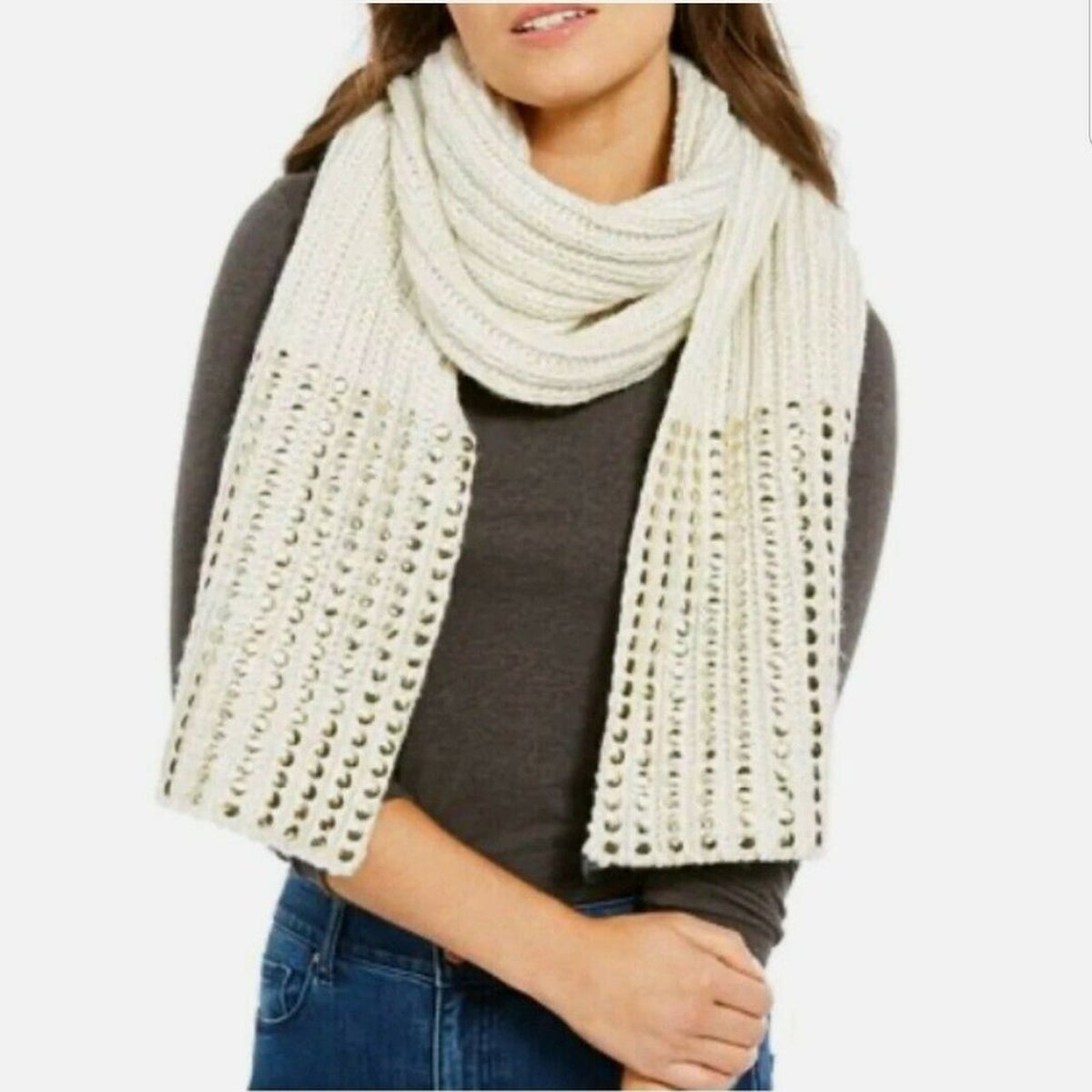 DKNY Knit Scarf Chunky Gold Thread Studded Acrylic NEW